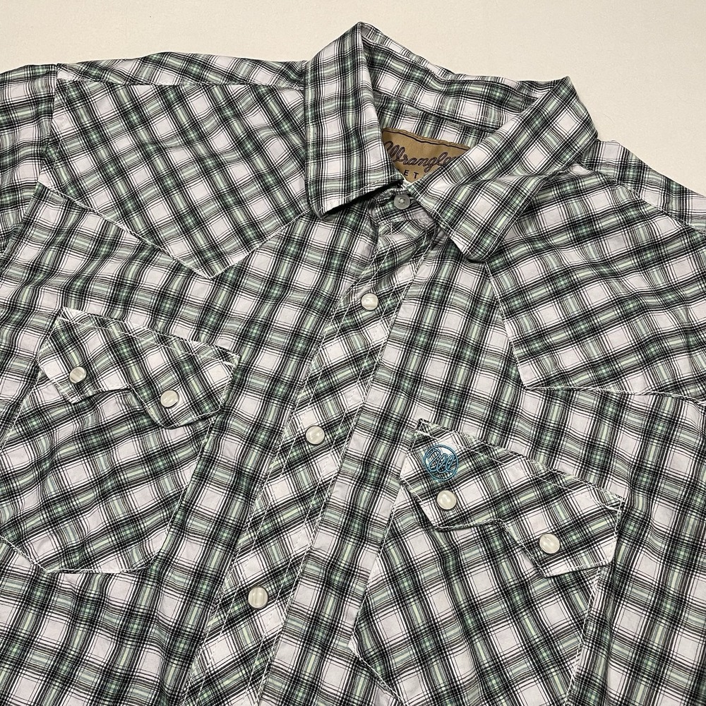 Wrangler Men's Retro Western Shirt Pearl Snap Short Sleeve‎ Green Plaid XL